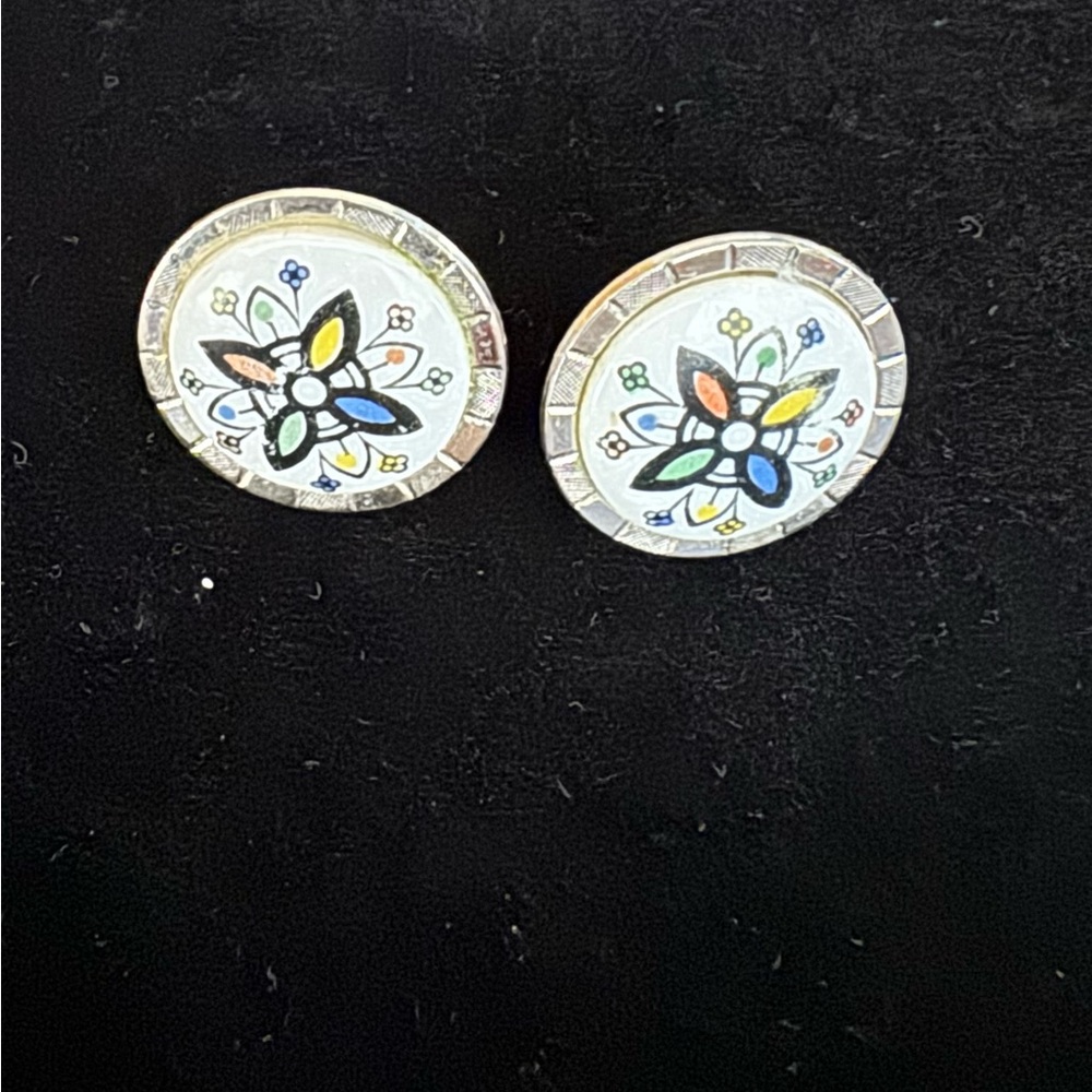 Vintage Silver Tone Floral Enamel Clip Earrings